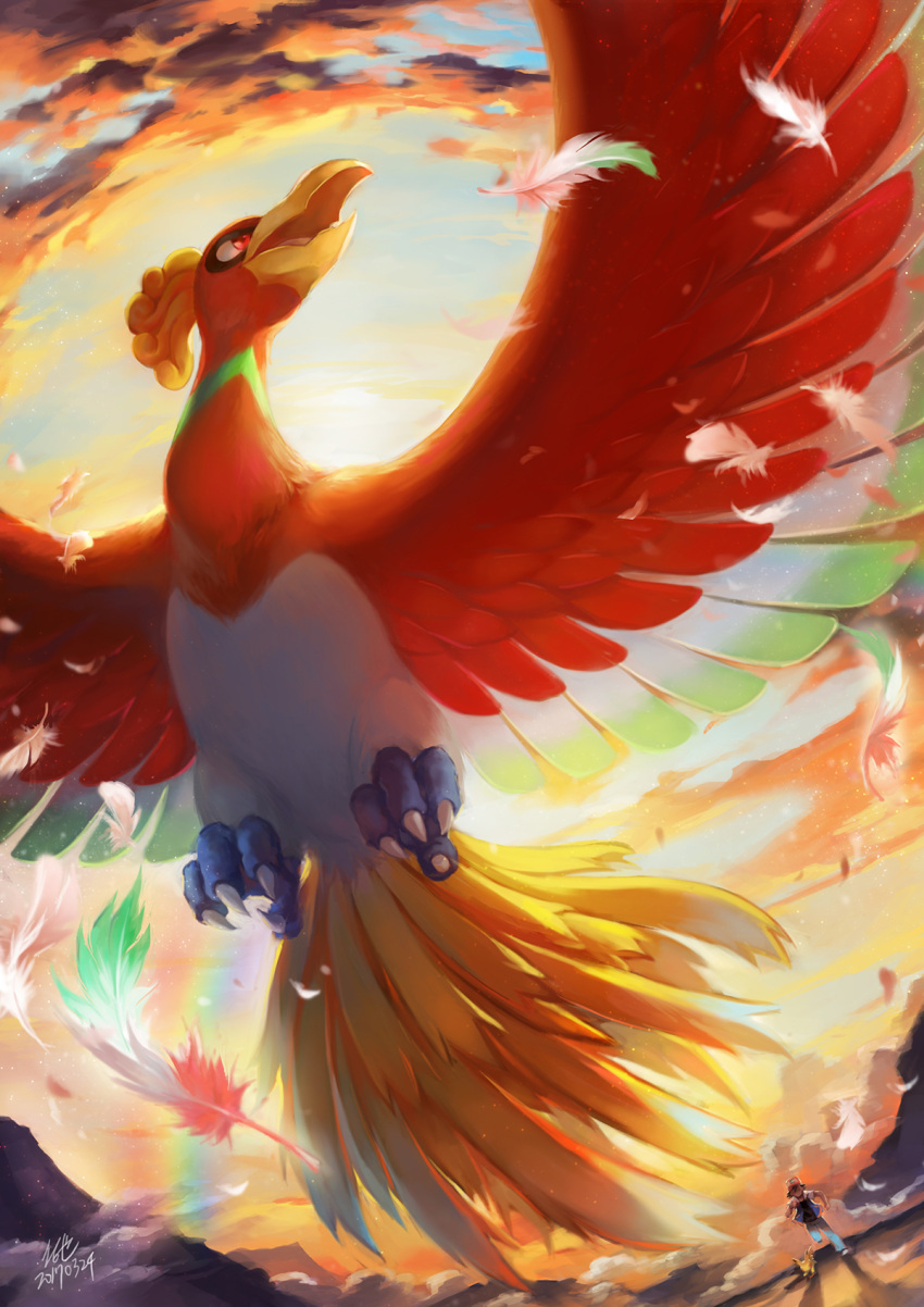 1boy bird clouds cloudy_sky commentary_request dated day feathers flying hat highres ho-oh koya10305 open_mouth outdoors pikachu pokemon pokemon_(game) running satoshi_(pokemon) signature sky spread_wings
