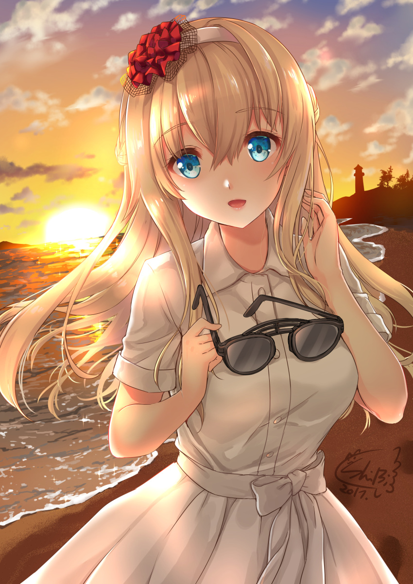 1girl :d alternate_costume blonde_hair blue_eyes buttons dress eyebrows_visible_through_hair hair_between_eyes hairband highres kantai_collection long_hair ocean open_mouth shibi short_sleeves smile solo sunglasses sunglasses_removed warspite_(kantai_collection) white_dress white_hairband