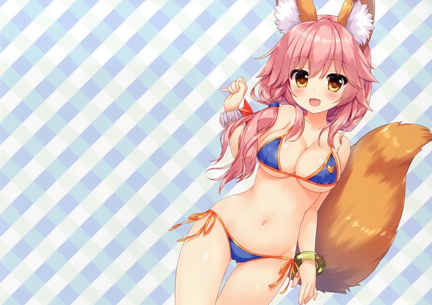 1girl :d absurdres ameto_yuki animal_ears bikini blue_bikini blush bracelet breasts brown_eyes cleavage collarbone cowboy_shot detexted dutch_angle fang fate/grand_order fate_(series) fox_ears fox_tail gluteal_fold hair_over_shoulder halterneck highres jewelry large_breasts looking_at_viewer low_ponytail navel open_mouth pink_hair scan side-tie_bikini smile solo swimsuit tail tamamo_(fate)_(all) tamamo_no_mae_(swimsuit_lancer)_(fate)