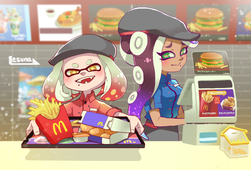 +_+ 2girls artist_name cash_register cephalopod_eyes closed_mouth crossover dark_skin employee_uniform fangs food french_fries gradient_hair green_eyes hat highres hime_(splatoon) holding holding_tray iida_(splatoon) indoors lesuna long_hair looking_at_viewer mcdonald's mole mole_under_mouth multicolored_hair multiple_girls open_mouth outstretched_arms purple_hair redhead shirt short_hair short_sleeves smile splatoon splatoon_2 standing suction_cups tentacle_hair tray uniform upper_body waitress white_hair yellow_eyes