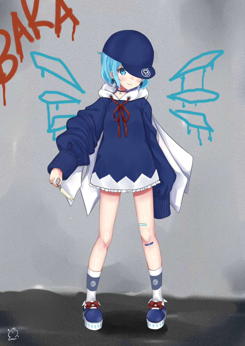 (9) 1girl absurdres bandaid baseball_cap blue_eyes blue_hair blue_shoes bow choker cirno earrings food full_body hair_ornament hat highres holding hood hoodie jewelry long_sleeves looking_at_viewer popsicle red_string sei_ichi_(shiratamamikan) shoe_bow shoes short_hair smile socks solo standing string touhou white_legwear