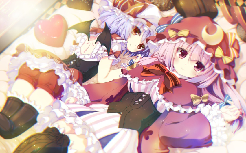 2girls adapted_costume bat_wings betei black_legwear blurry bow breasts capelet chromatic_aberration closed_mouth corset crescent double_bun dress eyebrows_visible_through_hair frilled_capelet frills from_behind hair_ribbon hat heart large_breasts lavender_hair light_particles long_hair long_sleeves looking_at_viewer lying miniskirt mob_cap multiple_girls on_back on_stomach open-back_dress patchouli_knowledge puffy_long_sleeves puffy_short_sleeves puffy_sleeves purple_hair red_eyes remilia_scarlet ribbon short_dress short_hair short_sleeves skirt smile striped thigh-highs touhou tress_ribbon vertical_stripes wings zettai_ryouiki
