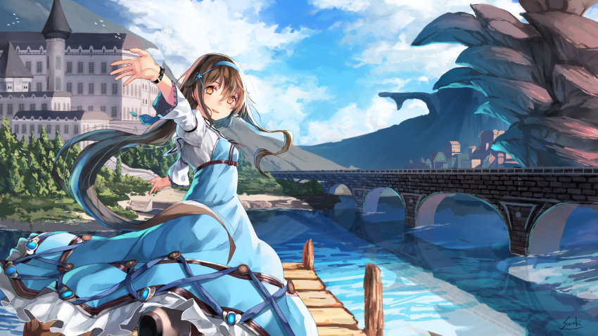 1girl blurry breasts bridge brown_eyes brown_hair building city cliff clouds depth_of_field dock dress fantasy hairband highres long_hair looking_at_viewer looking_back mansion original outstretched_arms reflection river running saraki scenery signature sky small_breasts solo tree underbust