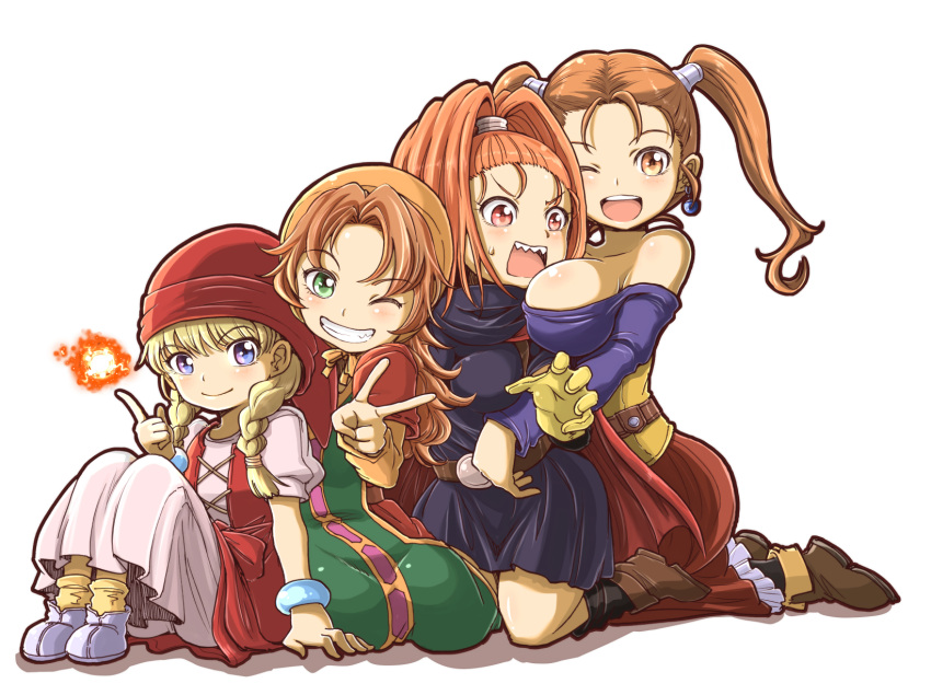 4girls ;d barbara bare_shoulders belt black_dress blonde_hair blue_eyes braid breasts brown_hair brown_shoes collarbone dragon_quest dragon_quest_vi dragon_quest_vii dragon_quest_viii dragon_quest_xi dress earrings gloves green_eyes grin highres jessica_albert jewelry large_breasts layered_dress long_hair looking_at_viewer magic maribel_(dq7) multicolored multicolored_eyes multiple_girls one_eye_closed open_mouth orange_eyes orange_hair ponytail purple_shirt red_dress red_eyes red_skirt sharp_teeth shirt shoes sitting skirt smile teeth twin_braids twintails v veronica_(dq11) violet_eyes white_background white_dress yellow_gloves zatou_(kirsakizato)