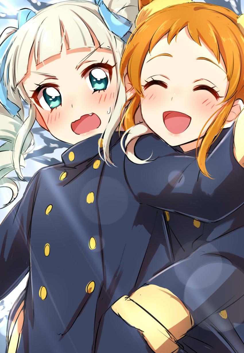 2girls :d absurdres aikatsu! arisugawa_otome bangs blue_coat blue_eyes blunt_bangs blush character_request closed_eyes coat d:&lt; drill_hair eyebrows_visible_through_hair fang hands_in_pockets highres hug hug_from_behind long_sleeves looking_at_another multiple_girls open_mouth orange_hair sekina smile sweatdrop toudou_yurika twin_drills wavy_mouth white_hair winter_clothes winter_coat