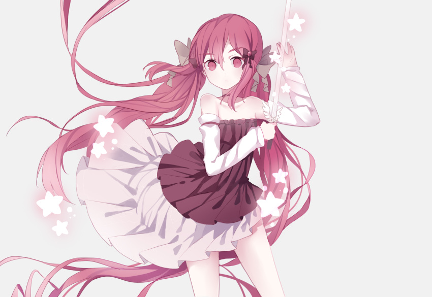 1girl bare_shoulders bow cuivre detached_sleeves dress grey_background hair_bow hair_ornament hand_up highres holding holding_sword holding_weapon long_hair looking_at_viewer original pink_eyes pink_hair solo standing star sword very_long_hair weapon white_bow