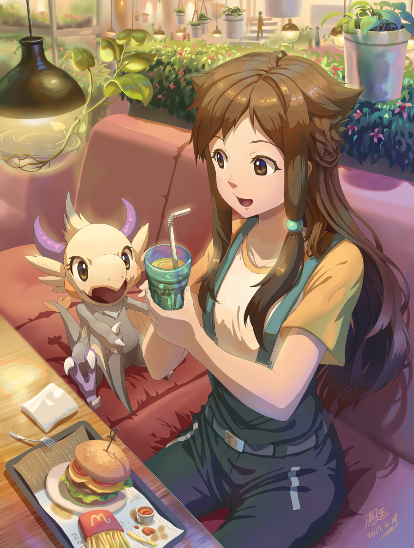 1girl absurdres belt breasts brown_eyes brown_hair couch creature dated drinking_straw food fork french_fries glass hamburger handkerchief highres ho-oh_(artist) holding_glass horns long_hair mcdonald's medium_breasts open_mouth original pants plant plate potted_plant short_sleeves shorts signature sitting smile suspender_shorts suspenders table