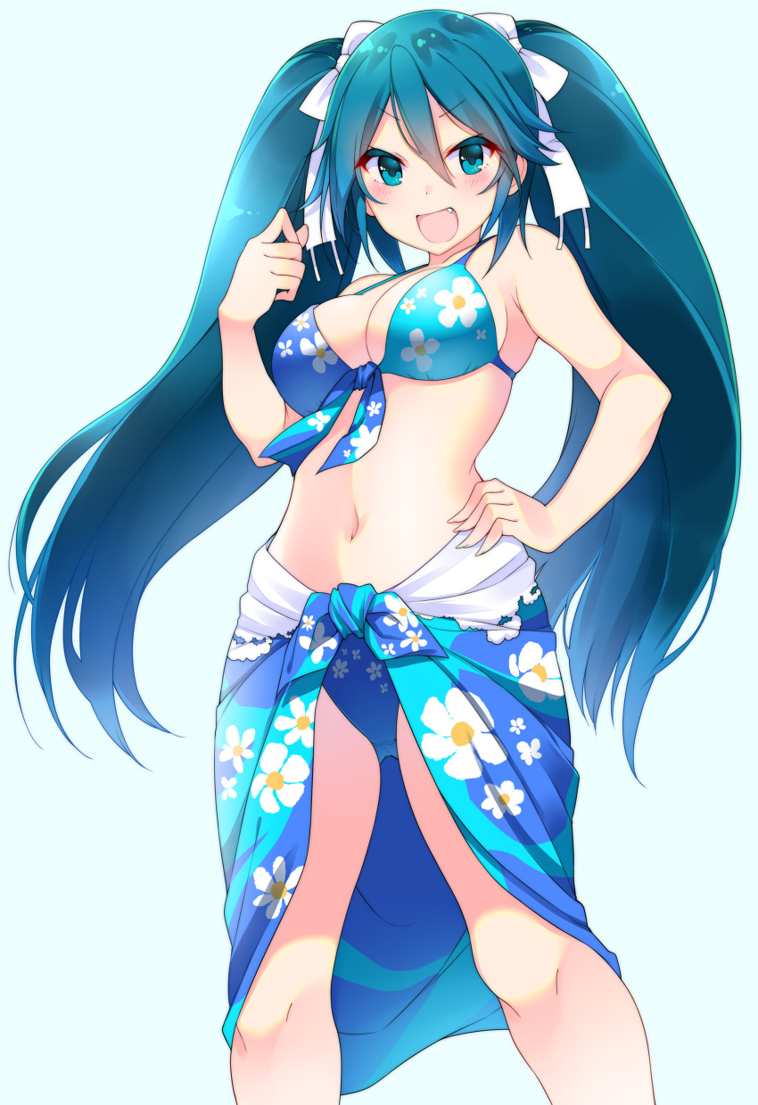 1girl absurdres aqua_eyes aqua_hair bangs bikini blue_bikini blush bow breasts eyebrows_visible_through_hair fang floral_print front-tie_bikini front-tie_top hair_between_eyes hair_bow hand_on_hip hand_up highres isuzu_(kantai_collection) kantai_collection large_breasts long_hair looking_at_viewer matsunoki_(unknown_751) navel open_mouth sarong sidelocks smile solo standing swimsuit thighs twintails very_long_hair white_bow