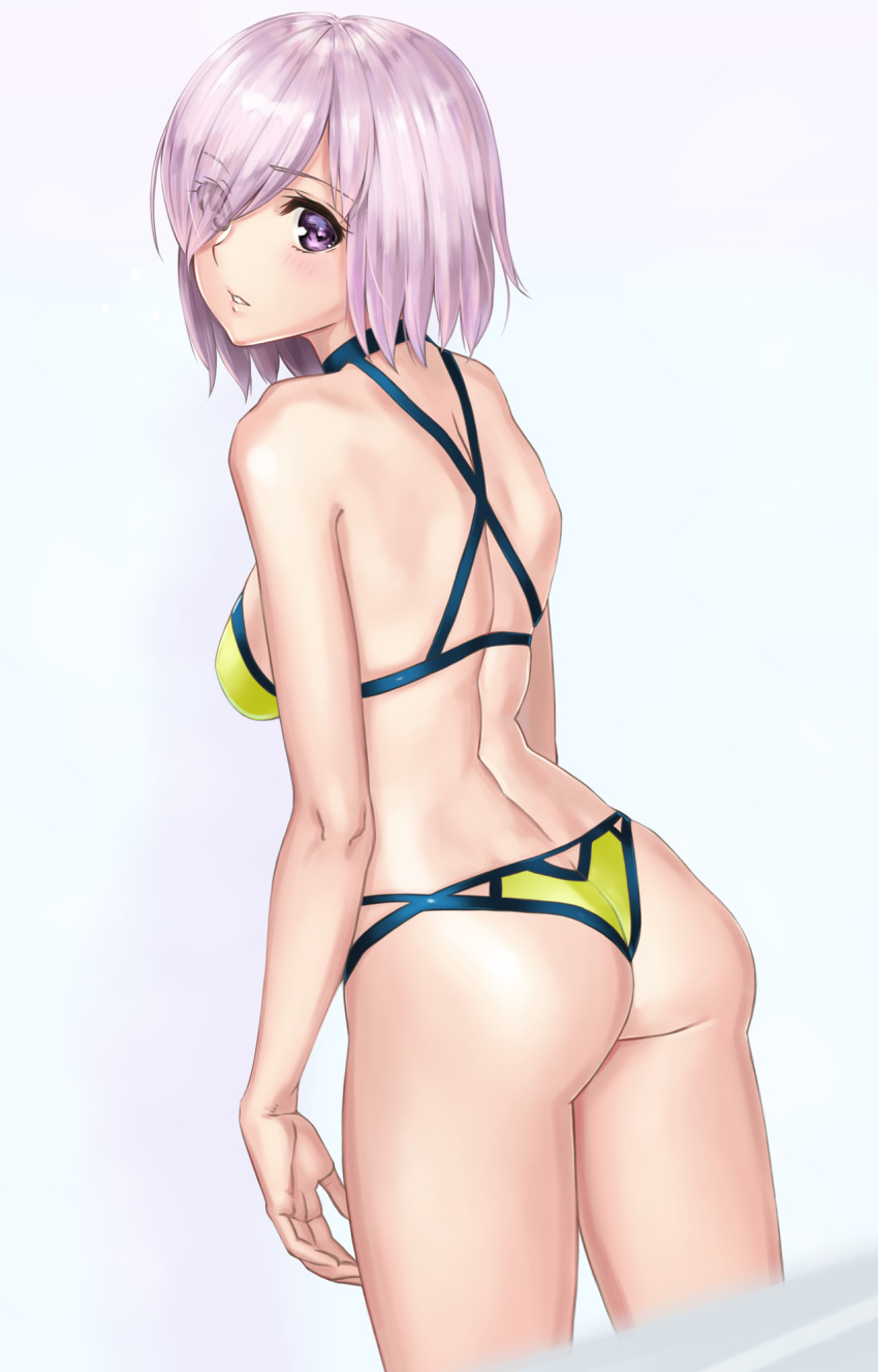 1girl alternate_costume arm arms_at_sides ass back bare_arms bare_legs bare_shoulders bikini blush breasts dutch_angle eyebrows_visible_through_hair eyes_visible_through_hair fate/grand_order fate_(series) female from_behind hair_over_one_eye highres lavender_hair legs looking_at_viewer looking_back medium_breasts midriff parted_lips shielder_(fate/grand_order) shinno shiny shiny_hair short_hair shoulder_blades sideboob simple_background solo standing swimsuit type-moon violet_eyes wading yellow_bikini yellow_swimsuit
