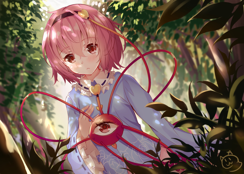 1girl :&lt; bangs black_hairband blue_shirt blurry dappled_sunlight day depth_of_field eyebrows_visible_through_hair floral_print hair_between_eyes hairband heart highres komeiji_satori looking_at_viewer nahaki nature outdoors pink_hair red_eyes shirt short_hair signature solo sunlight third_eye touhou upper_body wide_sleeves