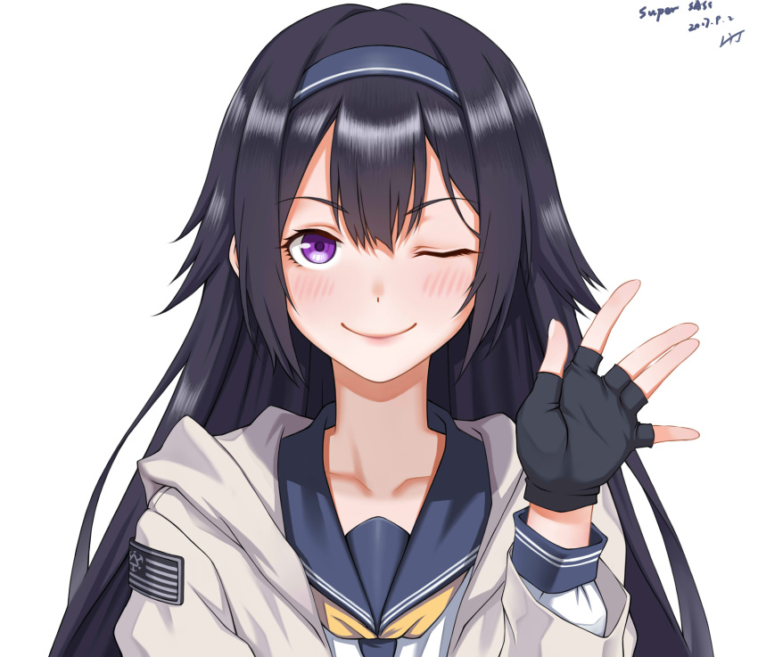 1girl absurdres black_hair blush character_name commentary commentary_request dated fingerless_gloves girls_frontline gloves highres hood hooded_jacket jacket long_hair looking_at_viewer one_eye_closed simple_background smile solo super_sass_(girls_frontline) violet_eyes waving zui_ai_shuang_mawei