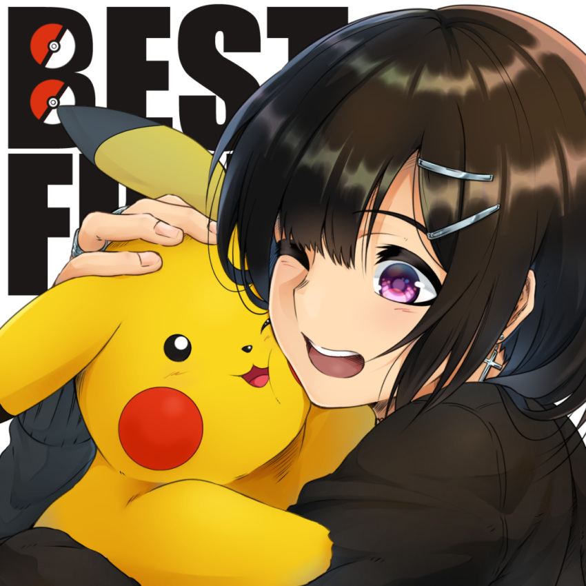 1girl black_hair bob_cut cross cross_earrings earrings hair_ornament hairclip hug jewelry one_eye_closed original pikachu pokemon short_hair shunga_(shun608) violet_eyes