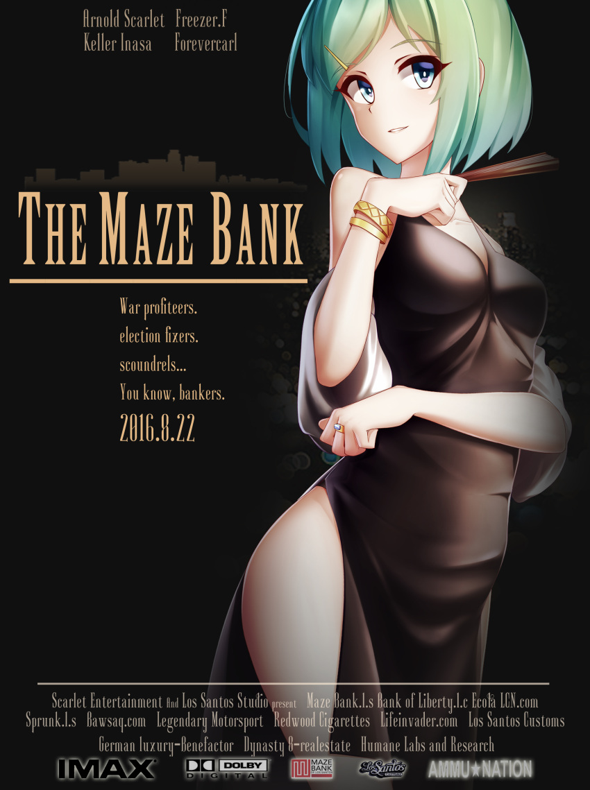 1girl absurdres arnold-s black_dress blue_eyes bracelet dress fan gown grand_theft_auto_v green_hair highres hips jewelry keller_enasa light_smile looking_at_viewer movie_poster original parted_lips poster ring short_hair side_slit solo