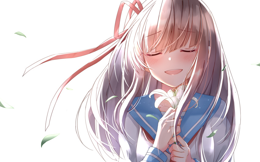 1girl blush closed_eyes eyebrows_visible_through_hair flower hair_ribbon head_tilt highres holding holding_flower leaf lily_(flower) long_hair long_sleeves original red_ribbon ribbon school_uniform serafuku shirt sll solo upper_body white_background white_hair wind