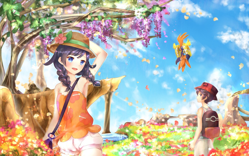 1boy 1girl arm_up backpack bag black_hair blue_eyes blue_sky braid day flower handbag hat hat_flower hibiscus holding holding_poke_ball mizuki_(pokemon_ultra_sm) orange_shirt outdoors petals poke_ball pokemon pokemon_ultra_sm shirt sky standing tapu_koko you_(pokemon_ultra_sm)