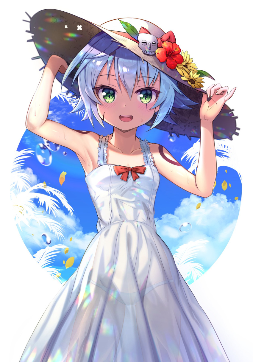 1girl :d arm_up armpits assassin_of_black bangs bare_arms bare_shoulders blue_sky branch breasts clouds cloudy_sky collarbone commentary_request day dress eyebrows_visible_through_hair fate/apocrypha fate_(series) flower green_eyes groin hair_between_eyes hand_up hands_on_headwear hat hat_flower hat_ribbon hibiscus highres legs_apart looking_at_viewer nayuta_(una) open_mouth panties petals red_flower red_ribbon ribbon scar scar_across_eye scar_on_cheek see-through shiny shiny_hair short_hair shoulder_tattoo silhouette silver_hair sky sleeveless sleeveless_dress small_breasts smile solo standing straw_hat sundress sweat tattoo underwear water_drop white_background white_dress white_hat white_panties yellow_flower