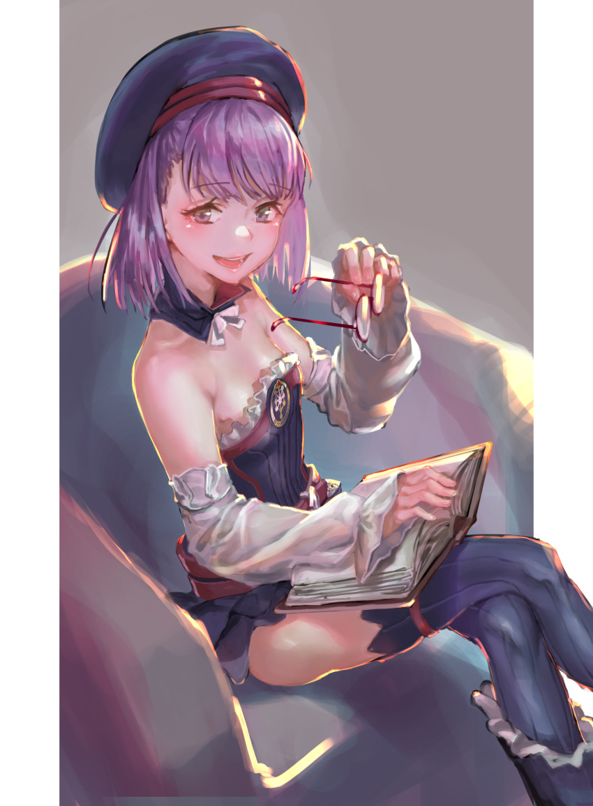 1girl absurdres asymmetrical_bangs bangs bare_shoulders beret book breasts chair detached_sleeves eyebrows_visible_through_hair fate/grand_order fate_(series) frilled_sleeves frills glasses hair_between_eyes hat helena_blavatsky_(fate/grand_order) highres holding holding_glasses looking_at_viewer open_book open_mouth rolua short_hair sitting small_breasts smile solo teeth thigh-highs