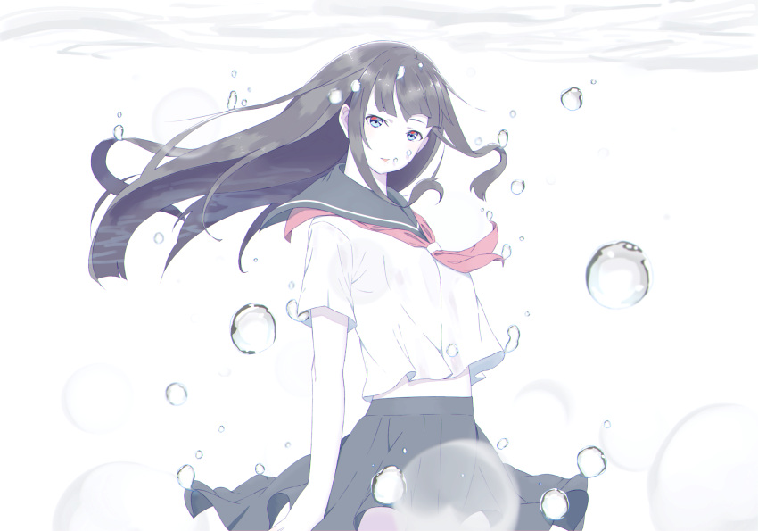 1girl black_hair blue_eyes bubble cowboy_shot floating_hair highres long_hair looking_at_viewer looking_to_the_side midriff muted_color natuich original school_uniform serafuku solo underwater