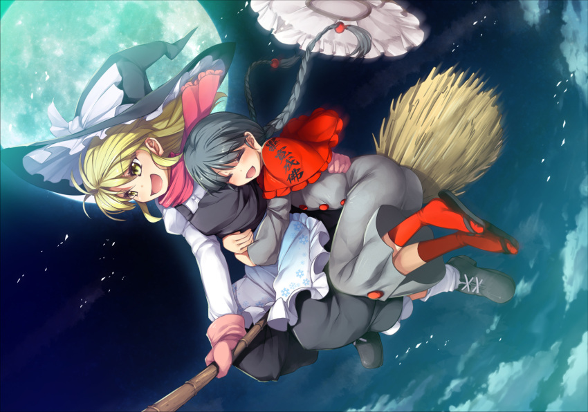 2girls ajirogasa apron black_hair black_hat black_shoes black_skirt blonde_hair braid broom broom_riding capelet chima_q closed_eyes clouds cloudy_sky dress dutch_angle full_moon gloves hair_bobbles hair_ornament hat highres hug hug_from_behind kirisame_marisa long_hair long_sleeves moon multiple_girls night night_sky outdoors red_legwear scarf shoes skirt skirt_set sky smile socks touhou twin_braids twintails vest waist_apron white_legwear witch_hat yatadera_narumi yellow_eyes