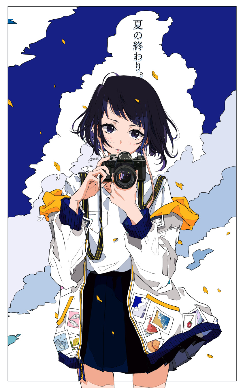 1girl absurdres bangs blue_eyes blue_hair blue_sky blunt_bangs blush boku_no_hero_academia camera casual clouds cowboy_shot day earplugs highres jacket jirou_kyouka long_sleeves off_shoulder open_clothes osanai parted_lips petals photo_(object) pleated_skirt shirt short_hair simple_background skirt sky text translation_request white_background white_shirt