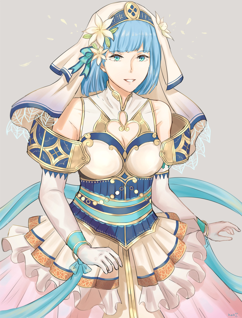1girl absurdres bare_shoulders blue_eyes blue_hair breasts cleavage cleavage_cutout dress elbow_gloves fire_emblem fire_emblem_echoes:_mou_hitori_no_eiyuuou gloves grin hakirino highres short_hair silk_(fire_emblem) smile solo veil