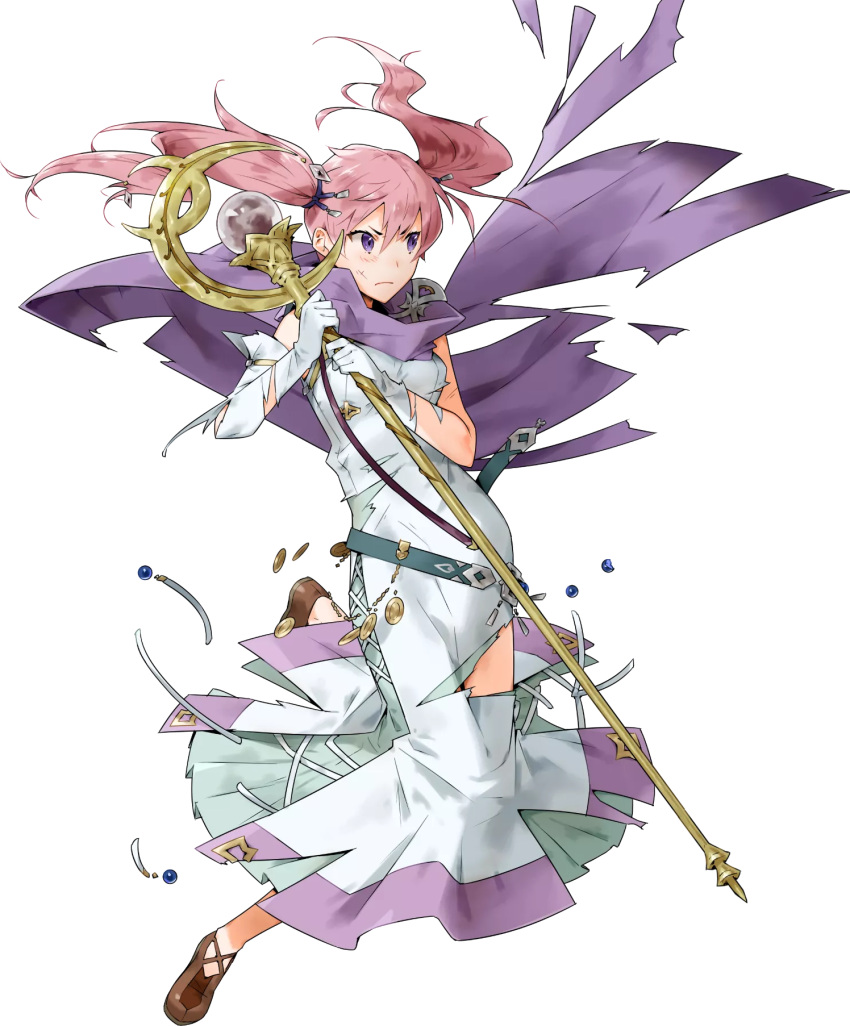 1girl belt breasts cape dress elbow_gloves fire_emblem fire_emblem:_rekka_no_ken fire_emblem_heroes full_body gloves highres long_hair official_art pink_hair scarf serra solo staff torn_clothes twintails violet_eyes