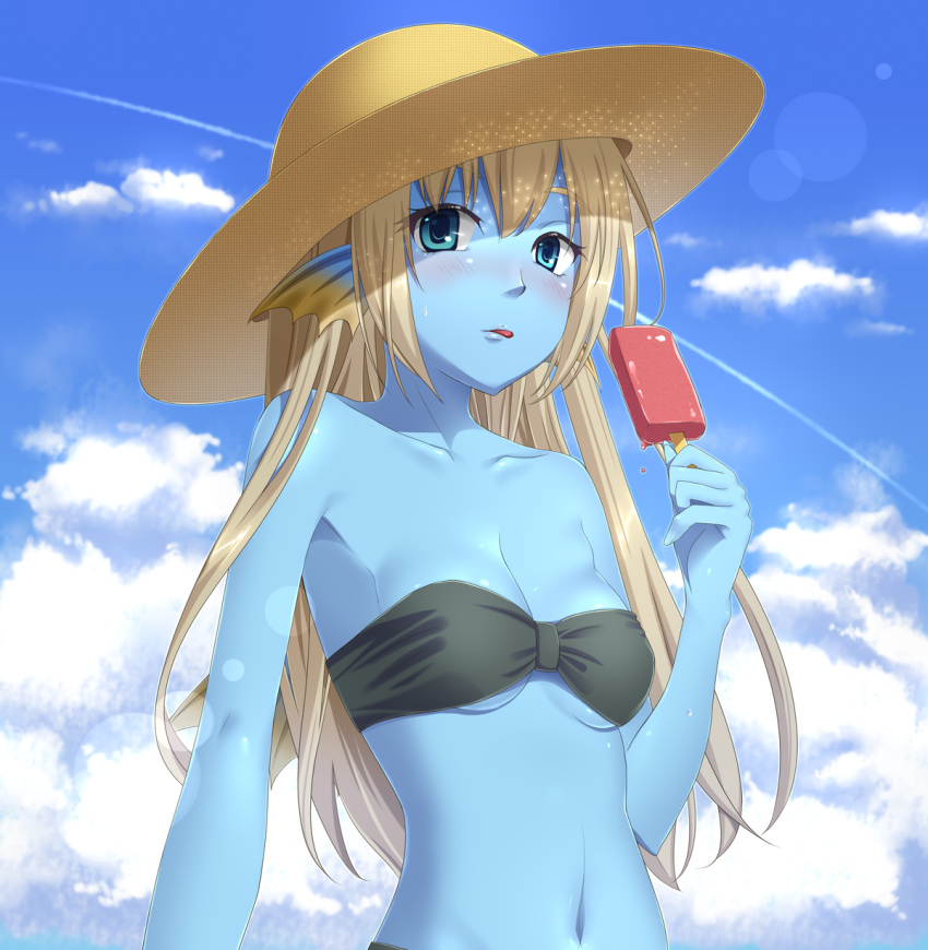 1girl bikini black_bikini blonde_hair blue_eyes blue_skin blush breasts dragon_quest dragon_quest_x food hat head_fins highres licking_lips long_hair popsicle saya_(temporubato) small_breasts solo strapless strapless_bikini swimsuit tongue tongue_out weddie_(dq10)