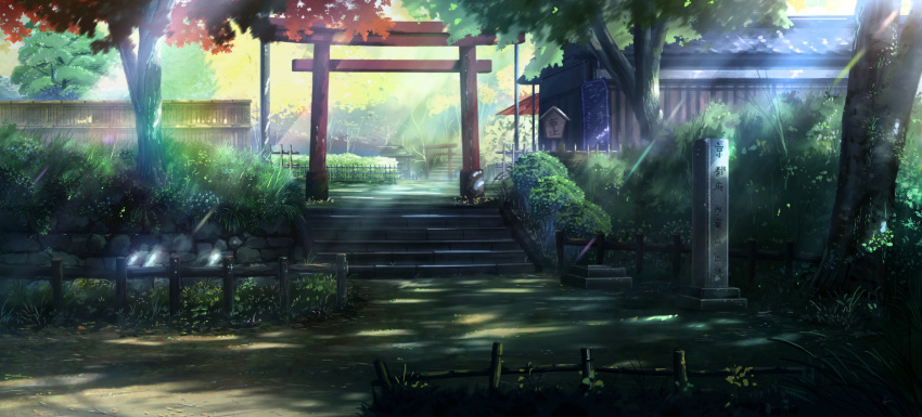 background building commentary_request dappled_sunlight fence grass highres niko_p no_humans original outdoors plant scenery stairs statue sunlight torii tree