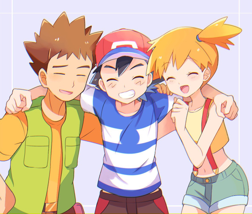 1girl 2boys baseball_cap belt black_hair brown_hair closed_eyes denim denim_shorts female green_vest grin hand_on_another's_shoulder hat kasumi_(pokemon) laughing male mei_(maysroom) midriff multiple_boys navel open_mouth orange_hair pokemon pokemon_(anime) satoshi_(pokemon) shirt short_hair shorts side_ponytail sleeveless sleeveless_shirt smile spiky_hair striped striped_shirt suspenders takeshi_(pokemon) vest yellow_shirt