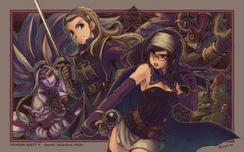 2boys 3girls :o anlucea belt black_hair blonde_hair blue_eyes bracelet breasts cape character_request cleavage copyright_name dragon_quest dragon_quest_x dwarf_(dq10) elbow_gloves gloves hairband highres jewelry long_hair mole mole_under_mouth monster_girl multiple_boys multiple_girls purple_gloves purple_hair purple_skin rapier runana_(dq10) side_slit skirt smirk sovacha spiky_hair strapless sword tabard tower wand weapon