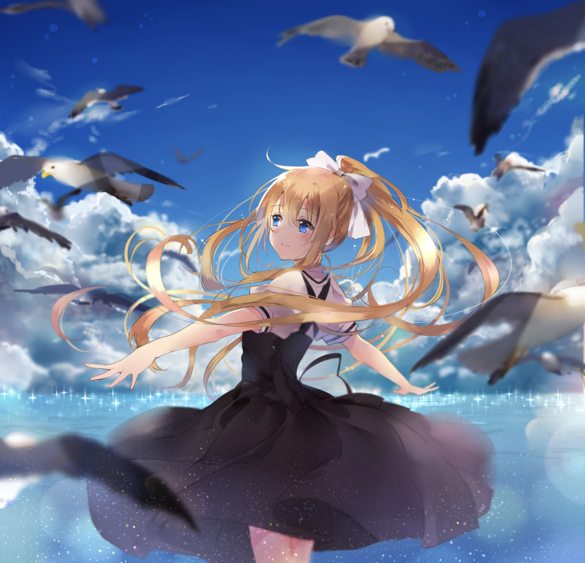 1girl absurdres air bangs bird blonde_hair blue_eyes blue_sky blurry clouds cloudy_sky cowboy_shot day depth_of_field dress eyebrows_visible_through_hair hair_ribbon highres kamio_misuzu kona_(mmmkona) long_hair looking_away ocean outdoors outstretched_arms ponytail ribbon seagull short_sleeves sky smile solo sparkle spread_arms water white_ribbon