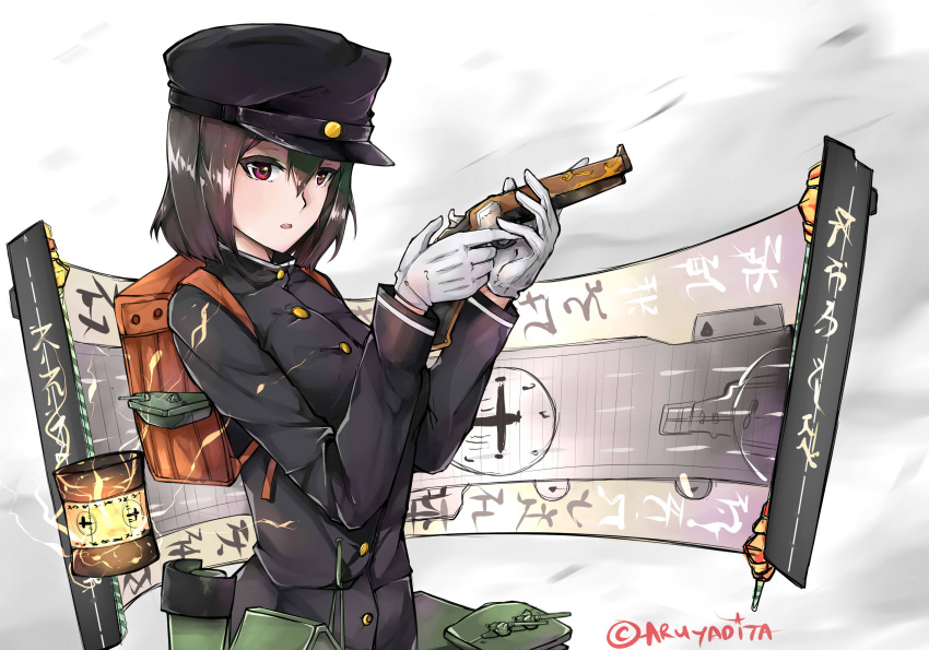 1girl aircraft_carrier akitsu_maru_(kantai_collection) artist_name aruyadita backpack bag black_hair black_hat gloves gun hair_between_eyes handgun hat highres imperial_japanese_army kantai_collection lantern long_sleeves machinery military military_hat military_uniform military_vehicle pale_skin peaked_cap pistol randoseru remodel_(kantai_collection) ship short_hair solo uniform violet_eyes warship watercraft weapon white_gloves white_skin