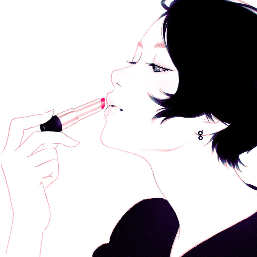 1girl black_hair blue_eyes close-up closed_mouth earrings face highres ilya_kuvshinov jewelry lips lipstick makeup original short_hair simple_background solo white_background