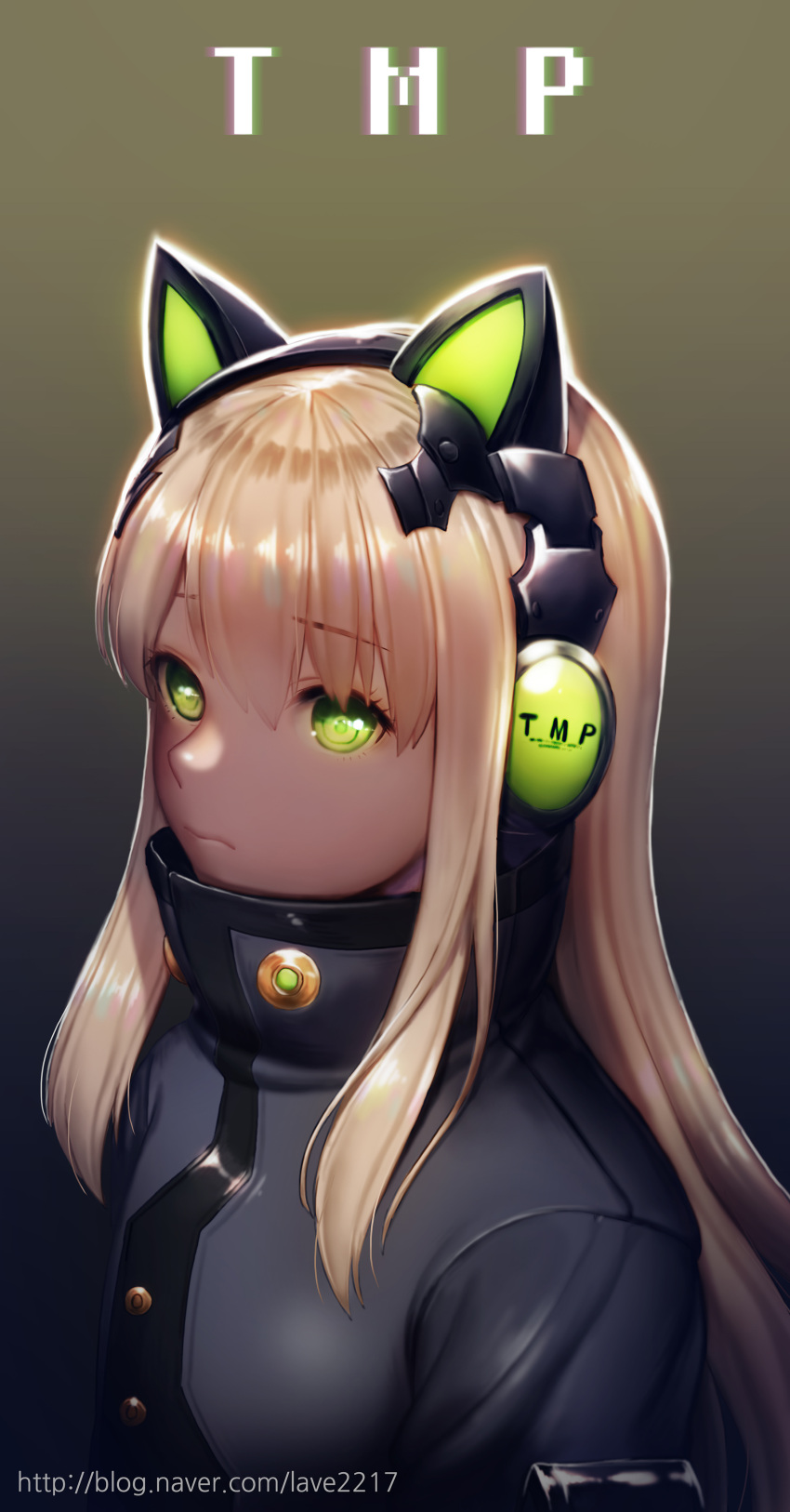 1girl absurdres artist_name bangs black_coat blonde_hair cat_ear_headphones character_name close-up closed_mouth expressionless eyebrows_visible_through_hair face girls_frontline gradient gradient_background green_eyes grey_background headphones highres long_hair looking_at_viewer sidelocks solo tmp_(girls_frontline) turtleneck upper_body watermark web_address y.i._(lave2217)