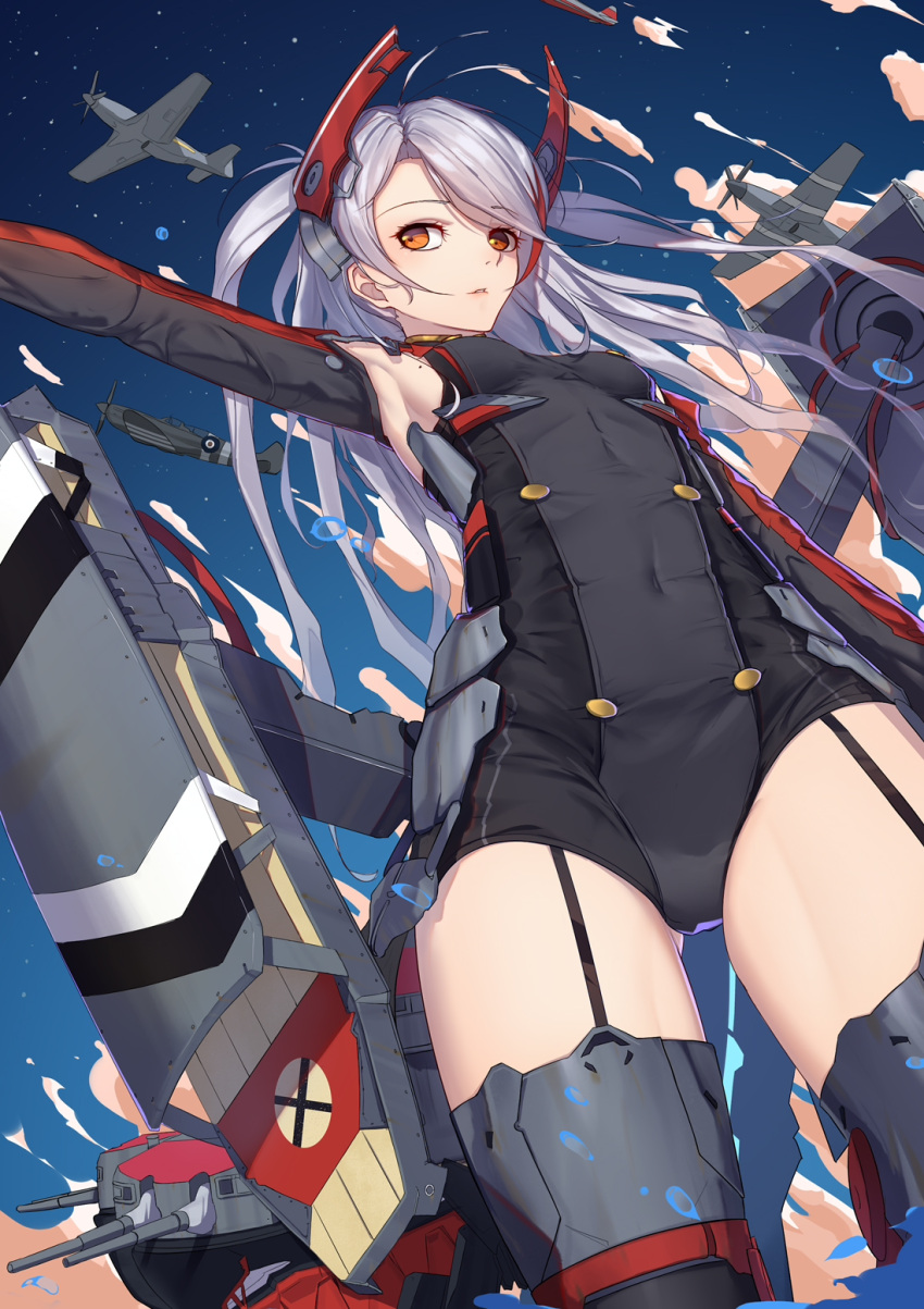 1girl aircraft airplane armpits bangs bilan_hangxian black_leotard brown_eyes covvered_navel eyebrows_visible_through_hair garter_straps headgear highres langya_beike leotard long_hair looking_to_the_side lowleg outstretched_arm parted_lips prinz_eugen_(zhan_jian_shao_nyu) rigging sidelocks silver_hair solo swept_bangs thigh-highs thighs two_side_up