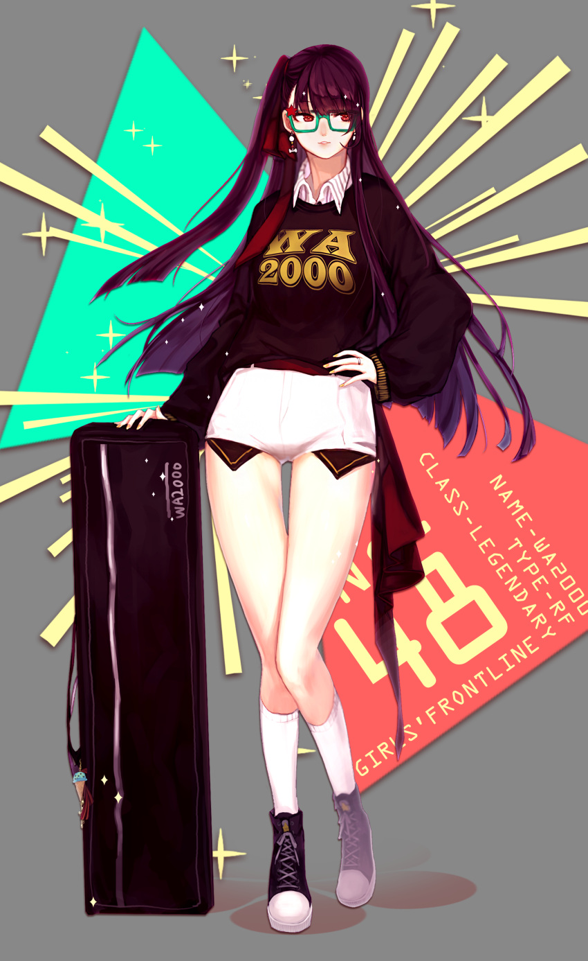 1girl absurdres belt black_sweater case character_name clothes_writing collared_shirt copyright_name earrings english full_body girls_frontline glasses green-framed_eyewear hand_on_hip highres jewelry kneehighs long_hair long_sleeves looking_away nail_polish number odeng_touken one_side_up parted_lips purple_hair red_eyes ring shirt shoes short_shorts shorts sneakers solo sparkle star striped striped_shirt sweater vertical-striped_shirt vertical_stripes very_long_hair wa2000_(girls_frontline) wedding_band white_background white_shorts wing_collar yellow_nails