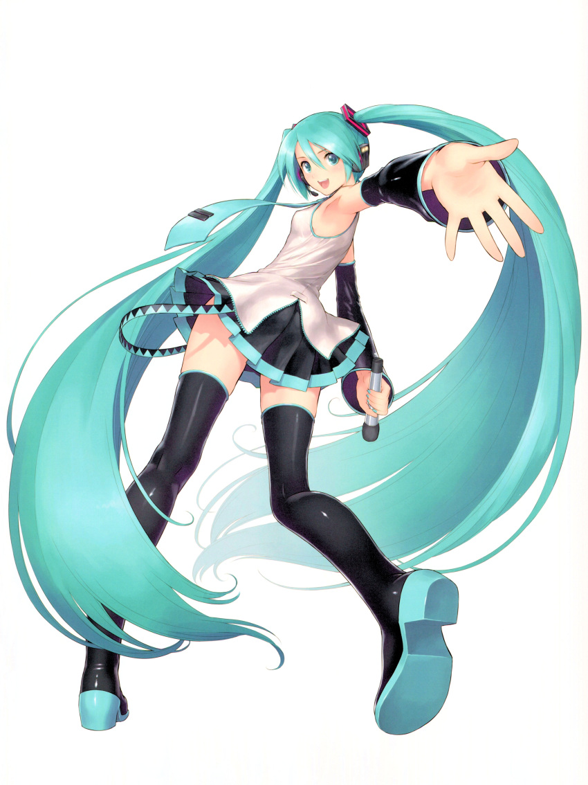 1girl absurdres aqua_eyes aqua_hair aqua_nails aqua_necktie aqua_neckwear armpits black_boots black_footwear black_skirt boots female full_body green_eyes green_hair hair_between_eyes hatsune_miku headset highres holding holding_microphone holding_object long_hair looking_at_viewer looking_back microphone nail_polish necktie open_mouth outstretched_arm outstretched_hand pleated_skirt scan simple_background skirt sleeveless sleeveless_shirt smile solo tanaka_takayuki thigh-highs thigh_boots twintails two-tone_footwear two-tone_skirt very_long_hair vocaloid white_background zettai_ryouiki