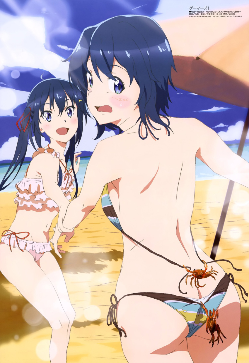 2girls :d ass beach bikini bikini_pull black_hair blue_eyes breasts china_(animator) day frilled_bikini frills gamers! hair_between_eyes hair_ornament hair_ribbon highres hoshinomori_chiaki hoshinomori_konoha looking_back medium_breasts multiple_girls ocean open_mouth outdoors red_ribbon ribbon short_hair side-tie_bikini sideboob sky smile standing swimsuit twintails untied untied_bikini white_bikini