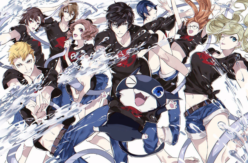 4boys 4girls akechi_gorou ayyataka black_hair blonde_hair blue_hair cat fur_trim glasses headphones jacket kitagawa_yuusuke kurusu_akira long_hair mask morgana_(persona_5) multiple_boys multiple_girls niijima_makoto okumura_haru orange_hair persona persona_5 sakamoto_ryuuji sakura_futaba short_hair takamaki_anne twintails