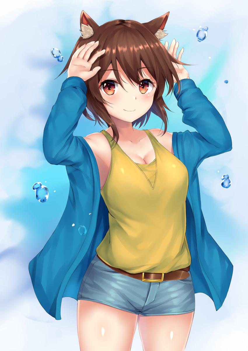 1girl absurdres animal_ears armpit_peek arms_up bare_shoulders belt belt_buckle blue_background blue_jacket blush breasts brown_eyes brown_hair bubble buckle cat_ears cleavage closed_mouth collarbone cowboy_shot denim denim_shorts eyebrows_visible_through_hair gradient gradient_background highres jacket long_sleeves looking_at_viewer medium_breasts off_shoulder open_clothes open_jacket original phano_(125042) short_hair short_shorts shorts sidelocks smile solo tareme thighs water_drop