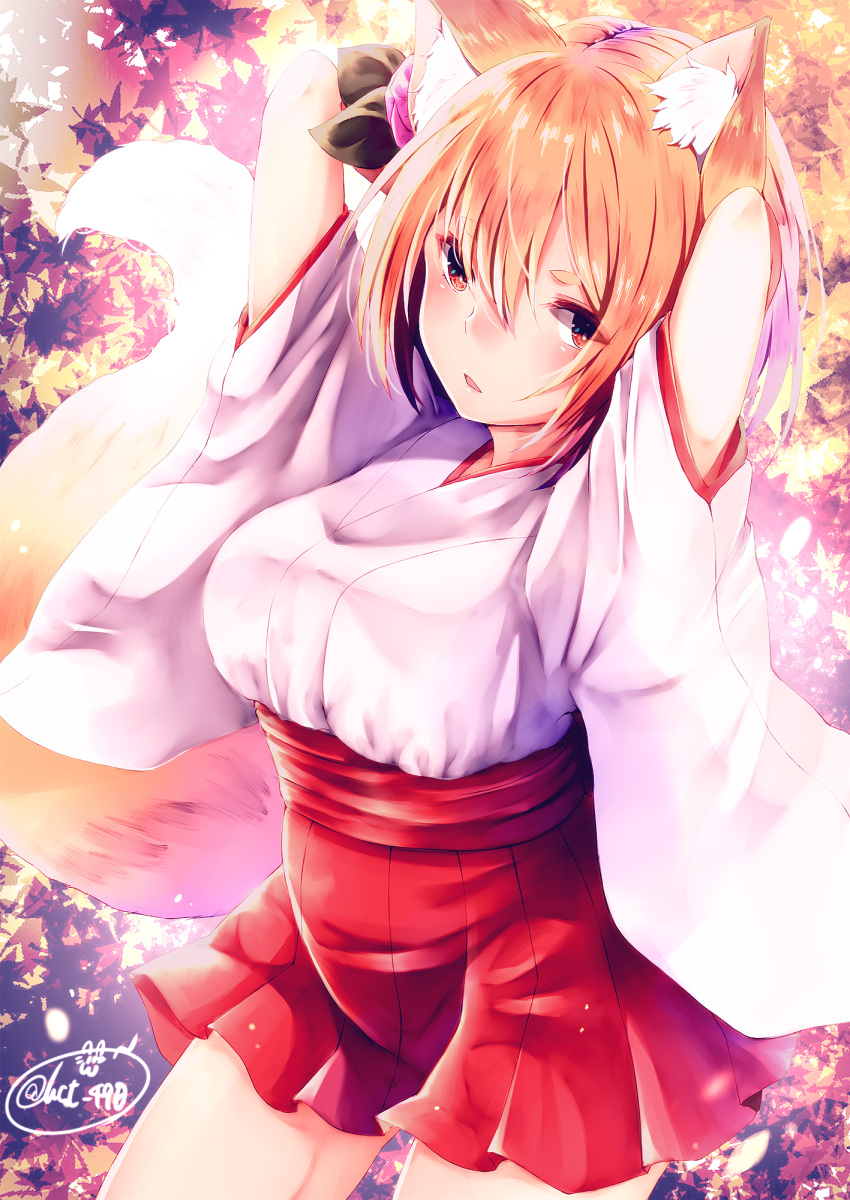 1girl animal_ears arms_behind_head arms_up bangs breasts chita_(ketchup) cowboy_shot eyebrows_visible_through_hair flower fox_ears fox_girl fox_tail hair_between_eyes hair_flower hair_ornament hakama highres japanese_clothes kimono large_breasts leaf leaf_background looking_at_viewer maple_leaf miko open_mouth orange_hair original red_eyes red_hakama short_hair signature solo tail thick_eyebrows twitter_username wide_sleeves