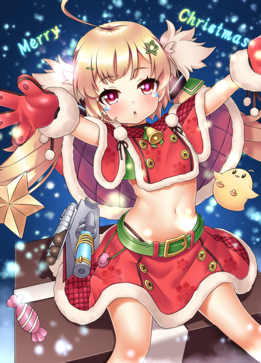 1girl absurdres ahoge azur_lane bird blonde_hair box candy capelet chick christmas commentary_request derivative_work eldridge_(azur_lane) facial_mark food gift gift_box highres light_brown_hair long_hair looking_at_viewer machinery navel oooqqq red_eyes sitting torpedo_tubes twintails