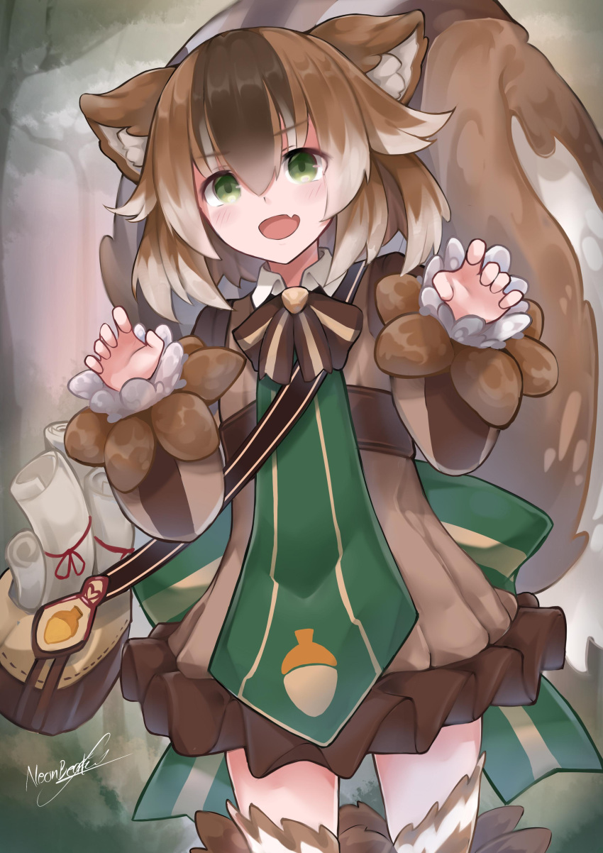 1girl absurdres acorn animal_ears bag bangs blush brown_dress brown_hair claw_pose dress eyebrows_visible_through_hair fang fur_trim green_eyes highres long_sleeves looking_at_viewer monster_girl monster_girl_encyclopedia multicolored_hair neonbeat open_mouth puffy_long_sleeves puffy_sleeves ratatoskr_(monster_girl_encyclopedia) scroll short_hair shoulder_bag signature solo squirrel_ears squirrel_tail standing streaked_hair tail thigh-highs zettai_ryouiki