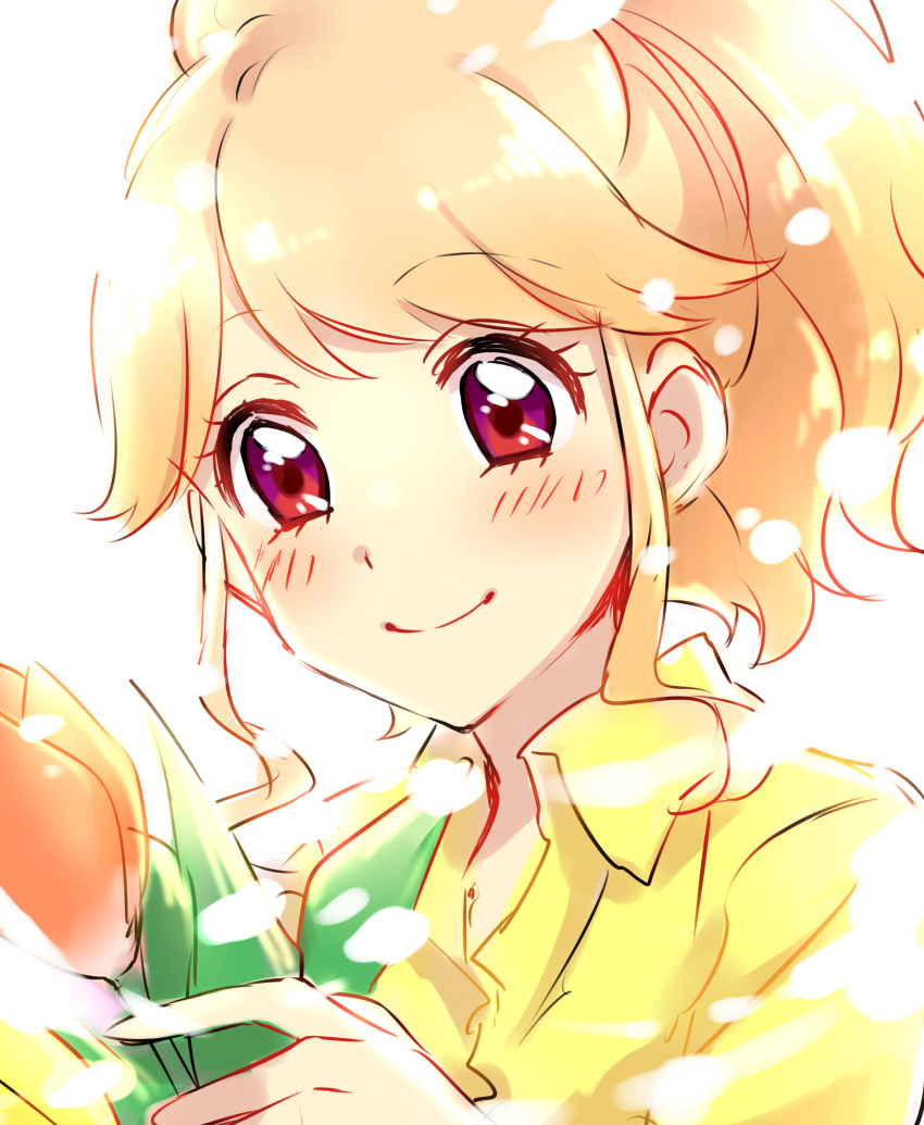 1girl absurdres aikatsu! bangs blonde_hair blush character_request close-up closed_mouth eyebrows_visible_through_hair face flower highres holding holding_flower jacket looking_down multicolored multicolored_eyes ponytail red_eyes rose sekina simple_background sketch smile solo violet_eyes white_background yellow_jacket