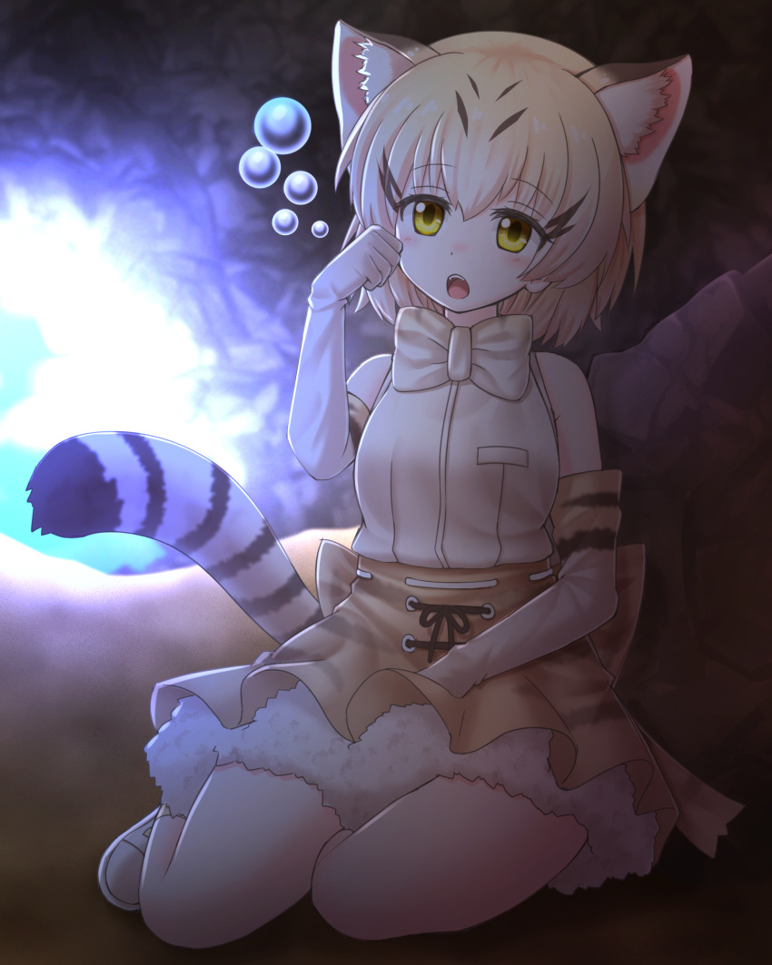 1girl absurdres animal_ears black_hair blonde_hair blush bow bowtie brown_skirt bubble cat_ears cat_tail cave elbow_gloves eyebrows_visible_through_hair fangs gloves highres kakutasu_(akihiron_cactus) kemono_friends looking_at_viewer multicolored_hair open_mouth sand_cat_(kemono_friends) seiza short_hair sitting skirt solo tail teeth white_bow white_bowtie white_gloves yellow_eyes