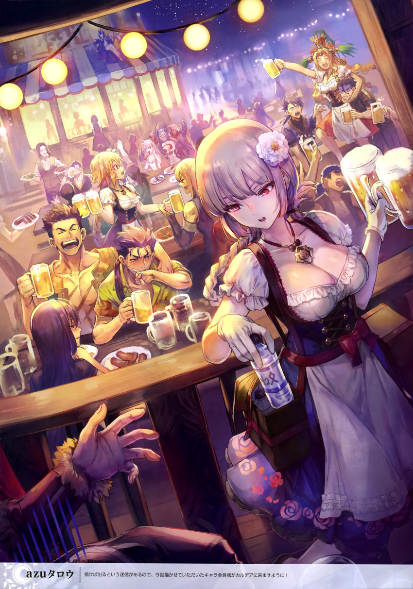 &gt;:d 5girls 6+boys :d ^_^ absurdres arm_up artist_request asphyxiation bandanna beer_mug blonde_hair blue_hair blush braid breasts chin_rest cleavage closed_eyes cross-laced_clothes cu_chulainn_alter_(fate/grand_order) dirndl drinking drunk dutch_angle fate/apocrypha fate/grand_order fate/hollow_ataraxia fate/prototype fate/zero fate_(series) fergus_mac_roich_(fate/grand_order) fionn_mac_cumhaill_(fate/grand_order) florence_nightingale_(fate/grand_order) flower german_clothes gloves hair_flower hair_ornament highres jewelry lancer lancer_(fate/prototype) lancer_(fate/zero) large_breasts long_hair medb_(fate/grand_order) multiple_boys multiple_girls necklace official_art oktoberfest open_mouth outdoors quetzalcoatl_(fate/grand_order) red_eyes rider_(fate/zero) ruler_(fate/apocrypha) scan scathach_(fate/grand_order) shaded_face short_hair smile sweatdrop tomoe_(symbol) translation_request tray underbust vambraces white_gloves wiping_mouth