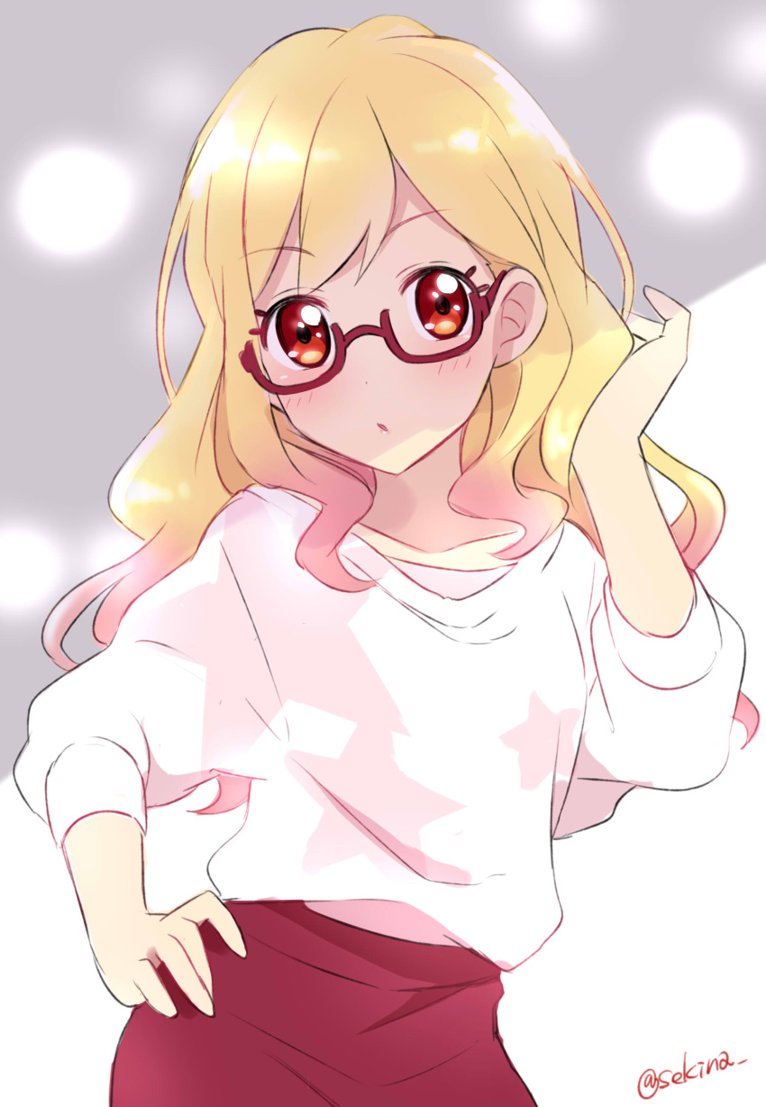 1girl :o absurdres aikatsu! bangs blonde_hair blush character_request contrapposto cowboy_shot eyebrows_visible_through_hair glasses gradient_hair hand_on_hip highres long_hair looking_at_viewer multicolored_hair parted_lips pencil_skirt pink_hair red_eyes sekina shirt skirt solo standing streaked_hair twitter_username white_shirt