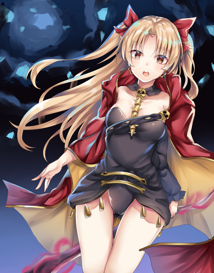 1girl absurdres between_breasts blonde_hair blush bow breasts cleavage collarbone earrings ereshkigal_(fate/grand_order) eyebrows_visible_through_hair fate/grand_order fate_(series) furumiya_neko hair_bow highres jewelry long_hair looking_at_viewer medium_breasts open_mouth red_bow red_eyes solo tohsaka_rin