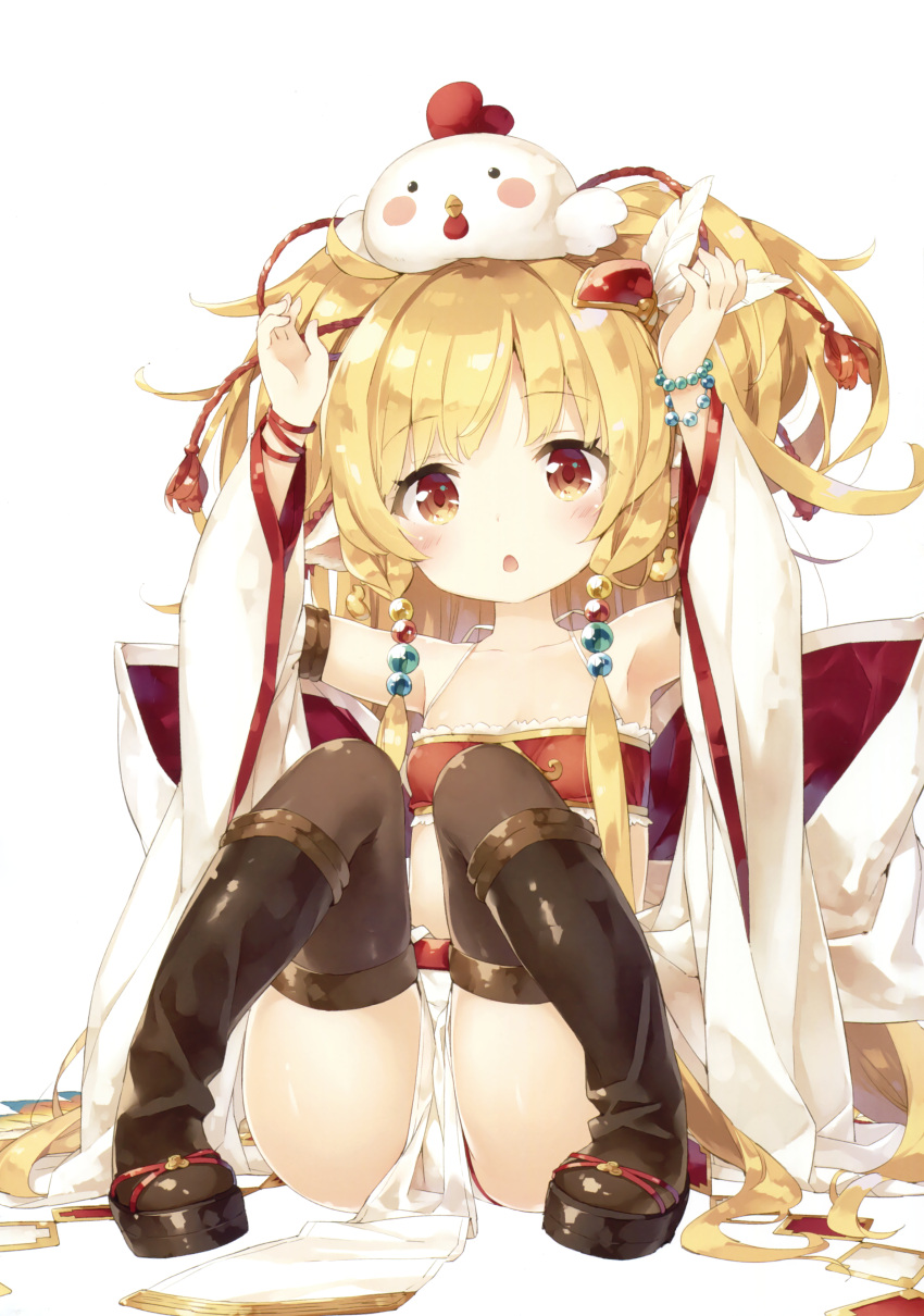 1girl absurdres animal animal_on_head arms_up bandeau bangs beads black_legwear blonde_hair blush bow breasts brown_eyes brown_legwear card chicken_on_head clog_sandals collarbone crab crop_top detached_sleeves eyebrows_visible_through_hair feathers granblue_fantasy hair_beads hair_feathers hair_ornament harbin highres knees_together_feet_apart knees_up large_bow loincloth long_hair looking_at_viewer makira_(granblue_fantasy) midriff on_head open_mouth peko petite sandals scan simple_background sitting small_breasts solo thigh-highs very_long_hair white_background white_bow wide_sleeves