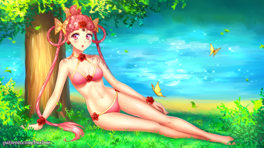 1girl :o amazons_quartet bare_shoulders bikini bishoujo_senshi_sailor_moon blush bow bracelet breasts breasts_apart burbur butterfly cerecere_(sailor_moon) choker day grass hair_bun hair_ribbon hair_rings jewelry long_hair looking_at_viewer nature open_mouth outdoors pink_bikini pink_eyes pink_hair red_eyes ribbon scenery sitting small_breasts solo swimsuit tree twintails under_tree water yellow_bow